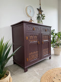 Vintage Carved Sideboard Painted Dark Plum Brown with Copper Detailing