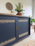 Freestanding Vintage Sliding Door Sideboard Painted Navy Blue and Gold