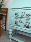 Secretary Bureau Desk Painted Light Blue with Floral Decor