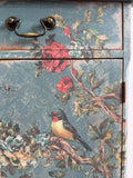 Vintage Cottage Style Console Cabinet / Sideboard painted in rustic chippy blue with birds and florals