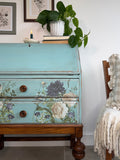 Vintage Oak Bureau Desk Painted Rustic Blue and Floral