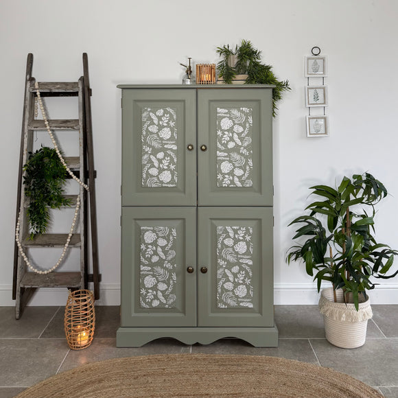 Solid Pine Larder / Pantry / Linen Freestanding Cupboard Painted Green and Botanical