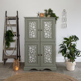 Solid Pine Larder / Pantry / Linen Freestanding Cupboard Painted Green and Botanical