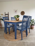 4 Seater Rustic Dining Table and Chairs Painted Blue with Patterned Fabric Cushioned Seats
