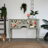 Pretty Light Green and Colourful Floral Console Table with Cupboards and Drawer