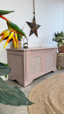 Vintage Carved Storage Bench, Painted Rustic Style Pink and Grey