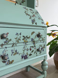 Secretary Bureau Desk Painted Light Blue with Floral Decor