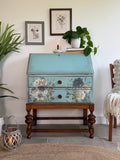 Vintage Oak Bureau Desk Painted Rustic Blue and Floral