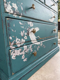 Solid Pine Bureau Desk Painted Rustic Teal with Floral Oriental Decor