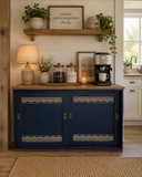 Freestanding Vintage Sliding Door Sideboard Painted Navy Blue and Gold