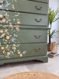 Tall Chest of Drawers Painted Rustic Dark Green with Birds and Floral Decor