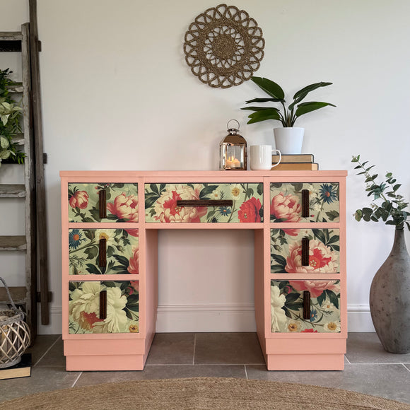 Vintage Desk / Dressing Table painted pretty pink and floral