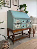 Vintage Oak Bureau Desk Painted Rustic Blue and Floral