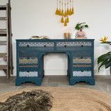 Vintage Desk / Dressing Table Painted Colourful Patterned Blue, Bohemian Style
