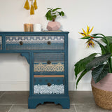 Vintage Desk / Dressing Table Painted Colourful Patterned Blue, Bohemian Style
