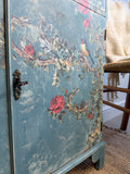 Vintage Cottage Style Console Cabinet / Sideboard painted in rustic chippy blue with birds and florals