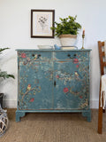 Vintage Cottage Style Console Cabinet / Sideboard painted in rustic chippy blue with birds and florals