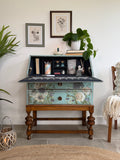 Vintage Oak Bureau Desk Painted Rustic Blue and Floral