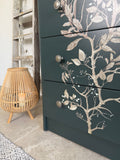 Stag Tallboy Dresser / Chest Of Drawers, Painted Dark Green And Floral