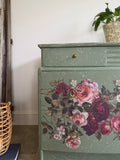 Vintage Stag Small Chest Of Drawers Painted Green and Floral