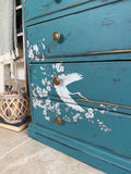 Solid Pine Bureau Desk Painted Rustic Teal with Floral Oriental Decor