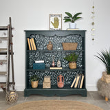 Rustic Pine Bookcase / Bookshelf painted Dark Green and White Floral