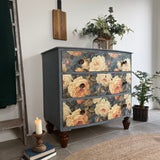 Vintage Bow Fronted Chest Of Drawers Painted Blues and Floral