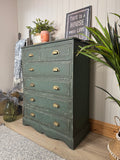 Dark Green Solid Pine Chest Of Drawers, Painted in Rustic Industrial Farmhouse Style