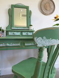 Boho Style Pine Dressing Table, Mirror and Chair Painted Green and Patterned