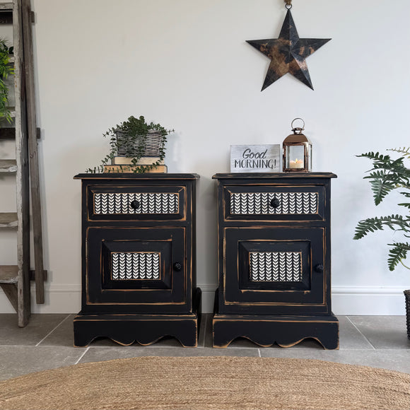 Pair of Pine Bedsides Painted Rustc Black and White Patterned