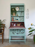 Secretary Bureau Desk Painted Light Blue with Floral Decor