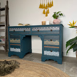 Vintage Desk / Dressing Table Painted Colourful Patterned Blue, Bohemian Style