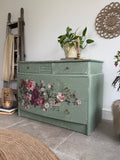 Vintage Stag Small Chest Of Drawers Painted Green and Floral