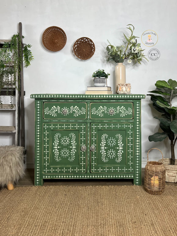 Boho Bone Inlay Sideboard, With Cupboard and Drawers, Painted Bold Green
