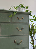 Tall Chest of Drawers Painted Rustic Dark Green with Birds and Floral Decor