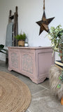 Vintage Carved Storage Bench, Painted Rustic Style Pink and Grey