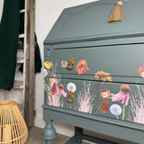 Vintage Bureau Writing Desk Painted Dark Grey, Blue and Floral