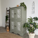 Solid Pine Larder / Pantry / Linen Freestanding Cupboard Painted Green and Botanical
