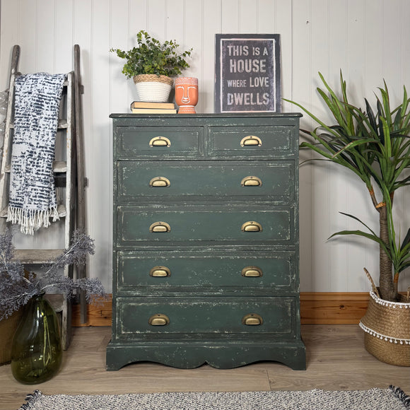 Dark Green Solid Pine Chest Of Drawers, Painted in Rustic Industrial Farmhouse Style