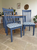 4 Seater Rustic Dining Table and Chairs Painted Blue with Patterned Fabric Cushioned Seats