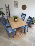 4 Seater Rustic Dining Table and Chairs Painted Blue with Patterned Fabric Cushioned Seats