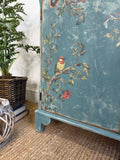 Vintage Cottage Style Console Cabinet / Sideboard painted in rustic chippy blue with birds and florals