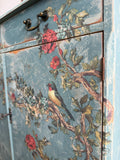 Vintage Cottage Style Console Cabinet / Sideboard painted in rustic chippy blue with birds and florals