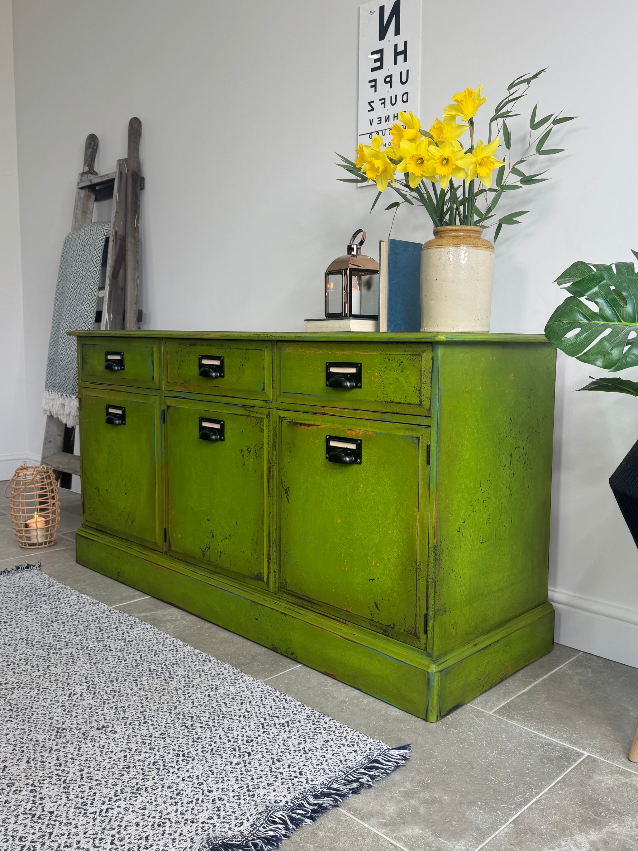 Vintage Industrial Style Colourful Green Stag Sideboard – Cherubs Chalks Interiors