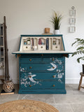 Solid Pine Bureau Desk Painted Rustic Teal with Floral Oriental Decor