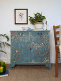 Vintage Cottage Style Console Cabinet / Sideboard painted in rustic chippy blue with birds and florals