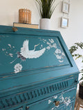 Solid Pine Bureau Desk Painted Rustic Teal with Floral Oriental Decor