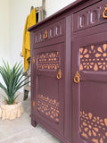 Vintage Carved Sideboard Painted Dark Plum Brown with Copper Detailing