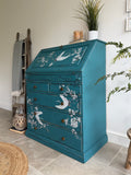 Solid Pine Bureau Desk Painted Rustic Teal with Floral Oriental Decor