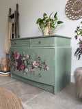 Vintage Stag Small Chest Of Drawers Painted Green and Floral